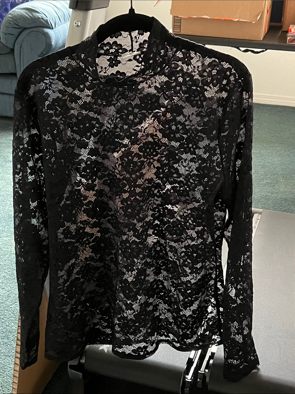 Abercrombie & Fitch black sheer, lace, long-sleeve shirt w/ floral design in XL